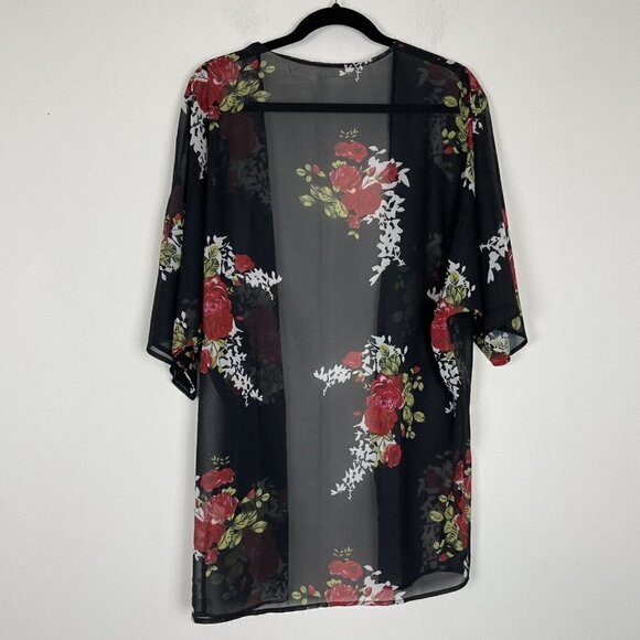 Floral Rose Kimono Short Sleeve Sheer Cardigan Size Small Black Red - Picture 5 of 5